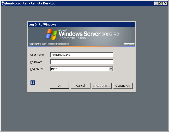 4. A continuación aparecerá la ventana fmat-pcounter Remote Desktop, en la ventana Log On to Windows capture en el campo User name su nombre de usuario de