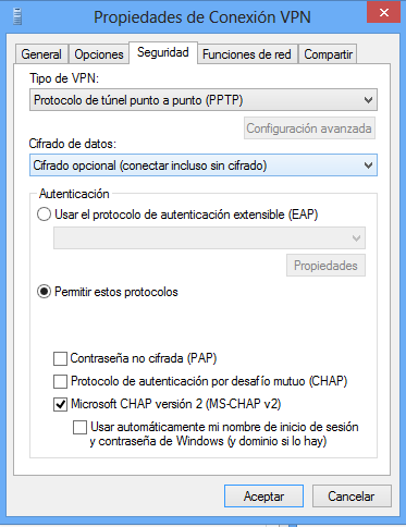 7. Seleccione la pestaña de Seguridad y configure los parámetros tal y como se muestra: Tipo de VPN: Protocolo de túnel PPTP Cifrado