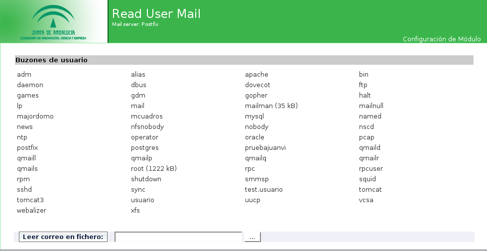 4.2 Lectura de correo de usuarios Desde este módulo se pueden manipular los correos de la cuenta de administrador sin necesidad de indicar la contraseña.
