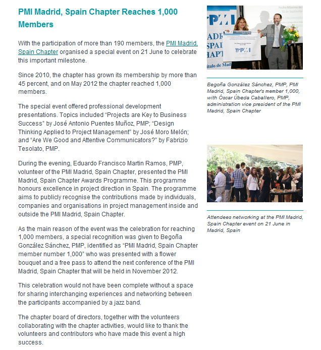 Memoria 2012 Publicación, en el número de julio de PMI EMEA e-link, de la nota sobre el Encuentro de Directores de Proyecto de marzo.