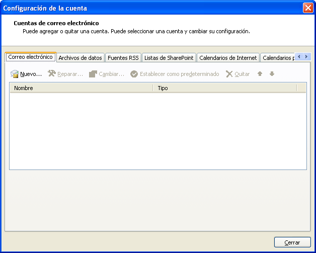 9 de 21 24/02/2014 17:07 Microsoft Outlook 2007 La configuración de Outlook 2007 difiere dependiendo de si vamos a configurar una cuenta nueva o si vamos a modificar una ya existente.