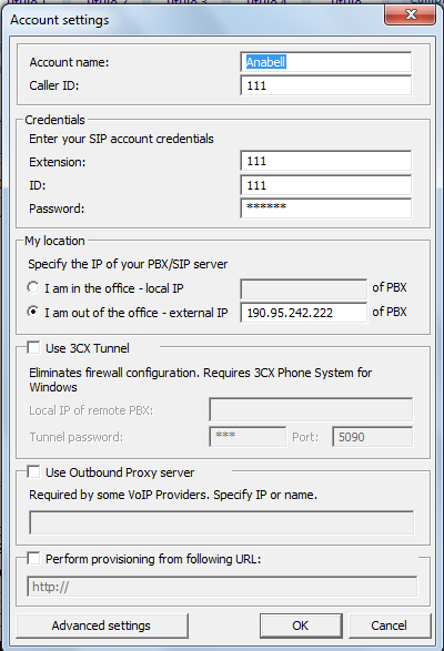 Nombre del perfil Nombre a mostrar: Código de Usuario: Credenciales Extensión: Codigo: Dominio: My localización Servidor SIP se encuentra en la misma LAN. Nombre de la cuenta SIP.