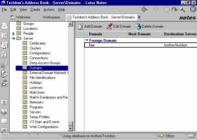 Captura de pantalla 17: Configuración de un dominio externo en Lotus Notes 2. Haga clic en Agregar dominio. 3. En la opción Tipo de dominio de la sección Básico, seleccione Dominio externo. 4.