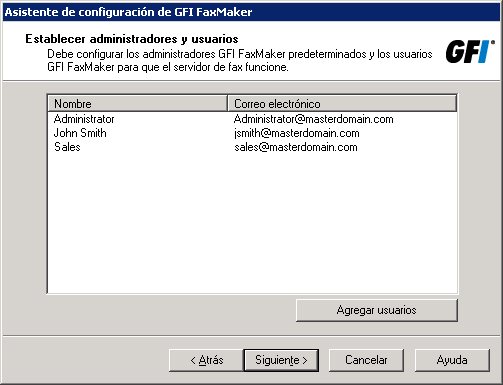 Captura de pantalla 26: Especificación de usuarios 6. Especifique los usuarios y administradores de GFI FaxMaker.