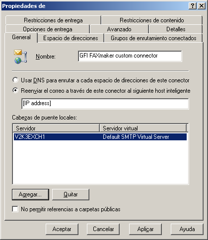 Captura de pantalla 28: Cómo especificar la IP/el nombre del equipo de GFI FaxMaker 3.