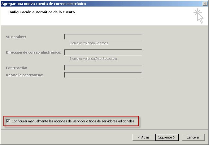 Outlook 2003 1. Abre Outlook y haz clic en el menú Herramientas y elige Configuración de cuenta 2. Presionamos el botón Nuevo en la pestaña Correo electrónico, le damos a Siguiente.