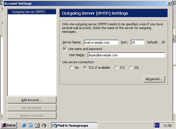 3) Elija Outgoing Server (SMTP), el Server Name 'es mail.example.com', siendo EXAMPLE.COM un ejemplo. Usted debe sustituir EXAMPLE.COM por el dominio de su dirección de correo.