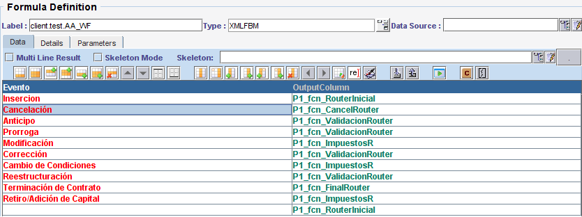 un ejemplo de un AA, que tiene dos columnas; en la columna evento aparece el evento aplicado por el usuario y en la columna OutputColumn está la tarea del Workflow a donde será enrutado el flujo; de