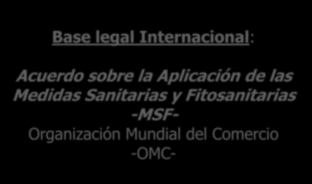Base legal Internacional: Acuerdo sobre la Aplicación de las Medidas Sanitarias y Fitosanitarias -MSF-