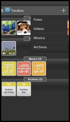 4.1.1 Barra superior En el botón, la aplicación muestra un atajo para navegar entre todas las funciones de Terabox: Inicio, Fotos, Vídeos, Músicas, Archivos, Contactos, Calendario, Historial,