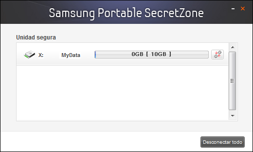 Capítulo 1 Empezar a usar Samsung Drive Manager [Imagen] Pantalla de conexión de Samsung Portable SecretZone Desconexión En la
