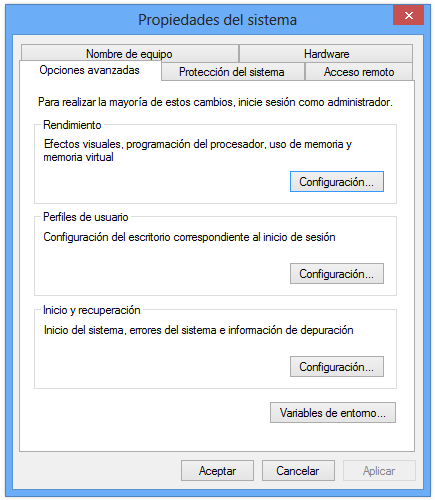 Figura 7: Imagen que señala donde está Configuración avanzada del Sistema en Windows 8. 3. Seleccionamos Opciones avanzadas en la ventana.