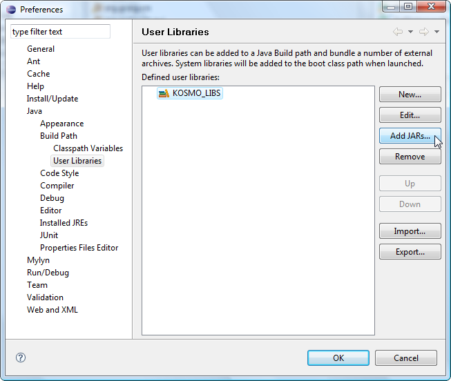 15 Imagen 12: Eclipse - Configurar bibliotecas de usuario - Biblioteca de usuario KOSMO_LIBS 4.