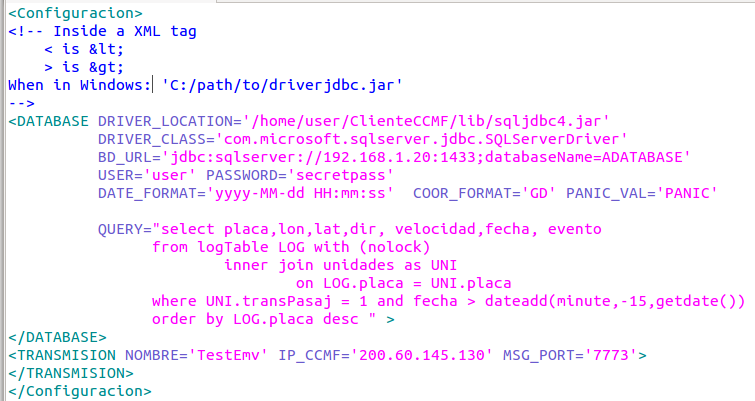 4.3. Configurando parámetros.xml Abrir Parametros.xml con el editor de su preferencia En la imagen se ve un ejemplo que usa SQL server 200. 4.3.1.
