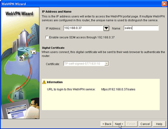 4. Haga clic en Next (Siguiente). 5. Ingrese el IP Address del nuevo gateway del WebVPN, y ingrese un nombre único para este contexto del WebVPN.