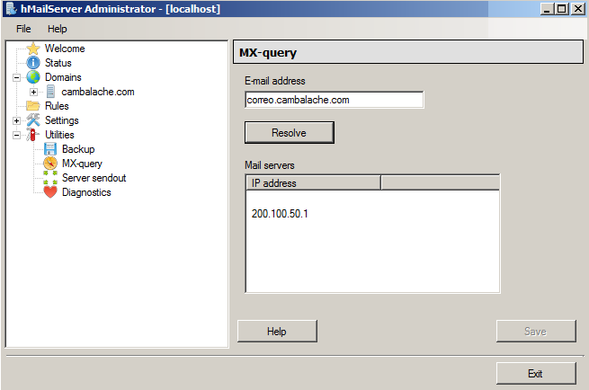 Clic en botón save Utilities MX Query Email Address: se debe ingresar el nombre completo de la máquina (se