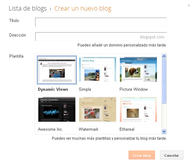 Crear y gestionar un blog con Blogger Pág. 3 En la siguiente pantalla tendremos que: - Escoger Título del blog. - La Dirección que va a tener nuestro blog: http://xxxxxx.blogspot.