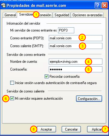 Modificar el servidor saliente SMTP. 1- Pulsar en la pestaña "Servidores". 2- En el servidor de correo entrante, escribid "mail.sonrie.com". 3- En el servidor de correo saliente, escribid "mail.