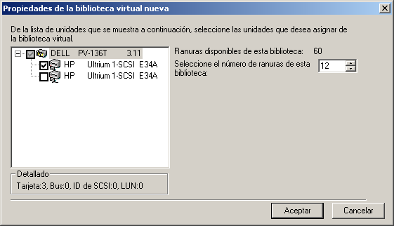 Configuración de una biblioteca virtual de CA ARCserve Backup 4. Seleccione las unidades y el rango de ranuras que desee asignar a la unidad y haga clic en Aceptar.