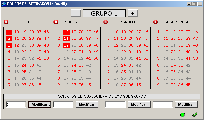 3.5. GRUPOS RELACIONADOS Permite crear diferentes grupos de números con 4 subgrupos cada uno máximo y pedir aciertos de números en cualquiera de los subgrupos de cada grupo.