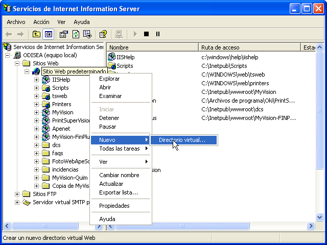 Anexo I: Instalación manual del servicio web Comprobar la ruta de instalación de los archivos de la aplicación web MyVision (DCWEBSERVER) Comprobar el directorio de instalación de los archivos web de