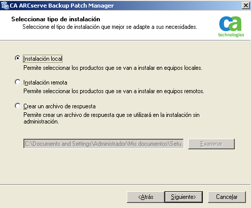 Instalación de CA ARCserve Backup Patch Manager 3. Durante la instalación se le pedirá que realice la Selección de un tipo de instalación.