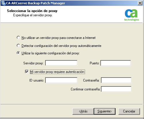 Opciones de instalación Selección de la opción de proxy Seleccione la opción de proxy para especificar si desea descargar los parches mediante un servidor proxy.