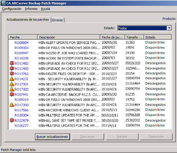 Información general de la GUI de CA ARCserve Backup Patch Manager Panel Actualizaciones de parches Cuando se selecciona la ficha Actualizaciones de parches, se muestra información sobre el estado del