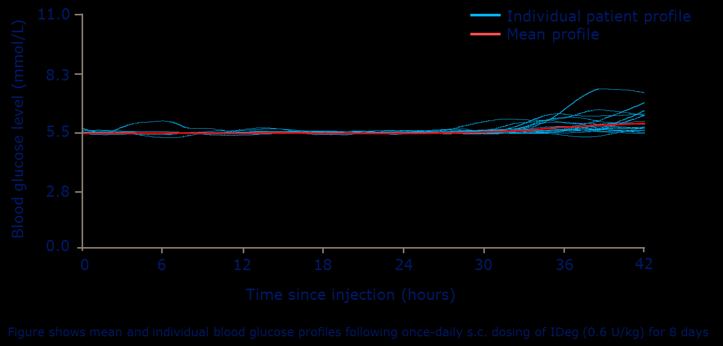 Media y perfiles individuales de glucosa en sangre durante un clamp 42 horas en DM 2