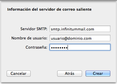 En la siguiente pantalla ingresa los datos que se describen a continuación: Servidor de correo saliente: Nombre de Usuario: Contraseña: smtp.infinitummail.