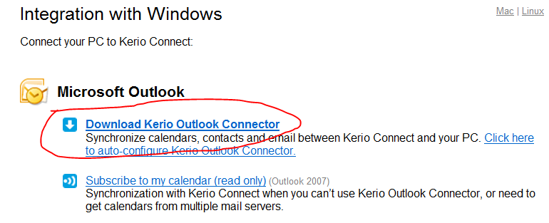 P a g e 10 1.4. Haga en clic en Download Kerio Outlook Connector para realizar la descarga del Conector: *Para continuar con la descarga e instalación del Conector favor regrese a la sección 1.
