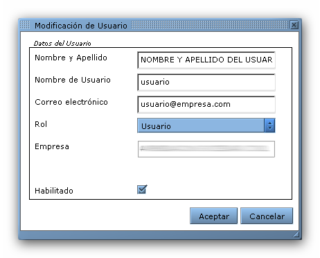 Figura 7.3.1: Alta de Usuario 7.4. Modificar datos de un Usuario Modificar los datos de un usuario. Realizar una Búsqueda de Usuarios (ver Búsqueda de Usuarios).
