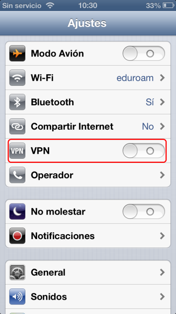 6. En la esquina superior derecha de la pantalla principal del iphone puede ver el icono de VPN Una vez que ya se ha configurado se puede activar o desactivar la VPN desde Ajustes -> VPN Conexión a