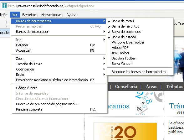 Comprobación: Ver las barras buscadores instaladas en Internet Explorer 8 Comprobación: Ver las barras