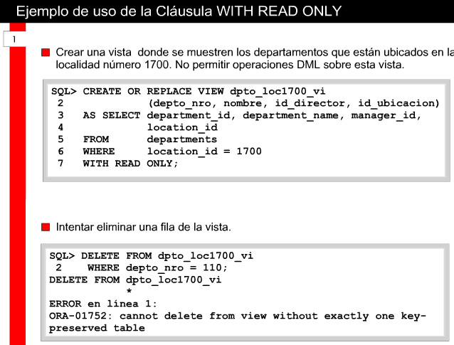5.1 Creación de vistas 5.1.8 Cláusula : WITH READ ONLY Para asegurar que no ocurran