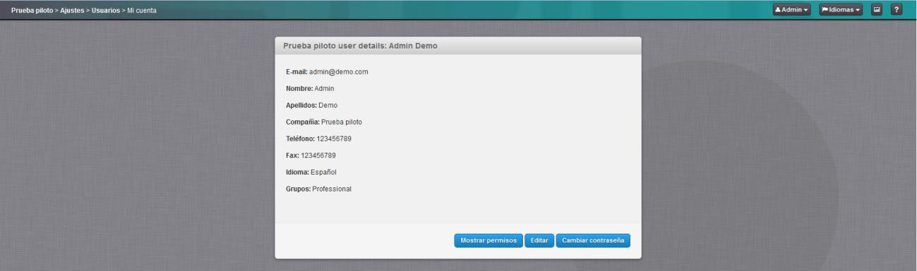opción ver nuestros permisos mediante el botón Mostrar permisos, Editar nuestros datos y Cambiar contraseña.