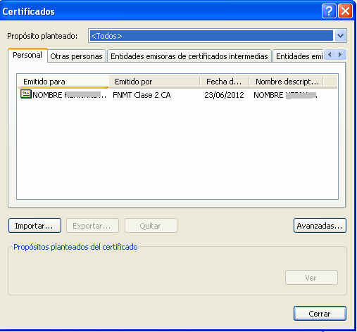 - El certificado está correctamente instalado en el equipo. o Firefox. Menú Herramientas Opciones Avanzado Pestaña cifrado Botón Ver Certificados.