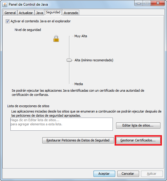 Certificado SSL de sitio Si en su equipo tiene instalado Java 1.7.