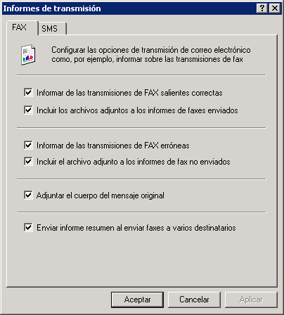 Captura de pantalla 60: Opciones de informe de transmisión de fax 2.