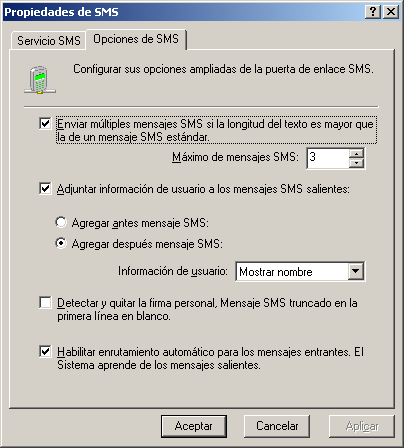 1. En Configuración de GFI FaxMaker, haga clic con el botón secundario en SMS y seleccione Propiedades. Captura de pantalla 103: Opciones de SMS 2.