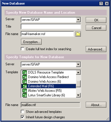 3.2.3 Servidor de Lotus Domino/Notes 6 Paso 1: Cree una base de datos de buzón en el servidor Domino Captura de pantalla 11: Cómo crear una nueva base de datos 1.