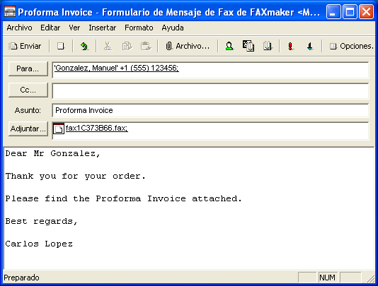 6.1.3 Mediante la aplicación cliente de GFI FaxMaker Captura de pantalla 30: El formulario de mensajes de fax de GFI FaxMaker La aplicación cliente de GFI FaxMaker permite la conversión y