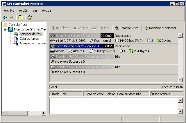 6.3 Supervisión de operaciones de GFI FaxMaker Captura de pantalla 32: Monitor de GFI FaxMaker Use Monitor de GFI FaxMaker para supervisar el funcionamiento de GFI FaxMaker.