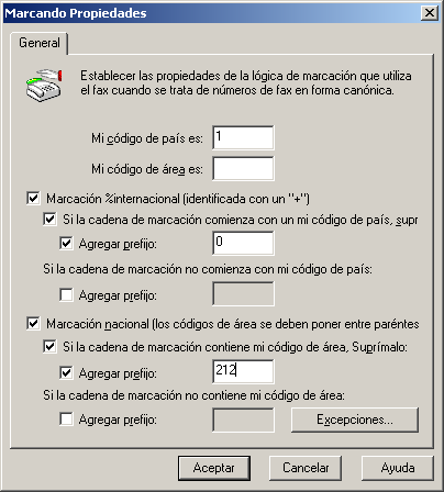 Captura de pantalla 46: Opciones de marcación IMPORTANTE Personalice las opciones del sistema de marcación telefónica de su país. Si no lo hace, es posible que la transmisión de faxes falle.