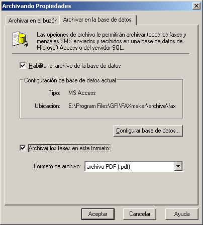 3. Haga clic en Aceptar. 7.8.2 Archivar faxes en una base de datos GFI FaxMaker puede archivar todos los faxes y SMS en una base de datos Microsoft Access o Microsoft SQL/MSDE. 1.