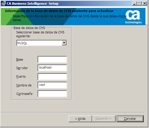 Ejecución de una actualización simple en Windows Cómo especificar la base de datos del CMS existente La pantalla Información de la base de datos del CMS existente para actualizar le permite