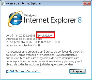 Para saber si su distribución de Internet Explorer es de 32 bits o de 64 bits, puede hacerlo accediendo a la ventana Acerca de Internet Explorer.