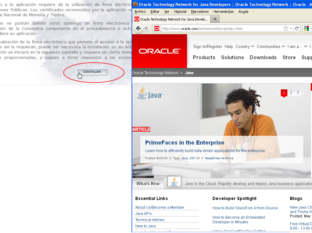 2. Problemas con el acceso a la aplicación. 2.1. Cuando intenta acceder le redirige a la página de Oracle MOTIVO 1: Que el usuario no tenga instalada la Máquina Virtual de Java en su equipo.