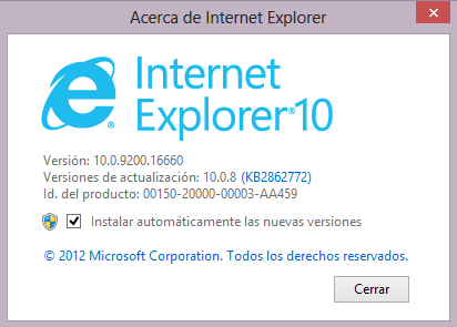 Una vez seleccionada esta opción, se abre una ventana en la cual aparece la versión del explorador. Si la versión de Internet Explorer es inferior a la versión 6.