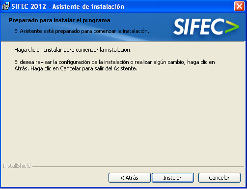 En esta ventana deberá seleccionar el tipo de instalación, si se encuentra instalando la versión completa de SIFEC2012 y selecciona la opción completa el sistema instalará SIFEC Contabilidad 2012,